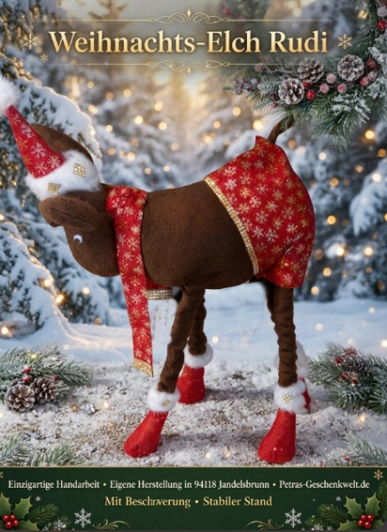 Großer Weihnachts Elch Rudi 40cm aus braunem Fleecestoff handgemacht - mit Beschwerung stabiler Stand - Weihnachtsdeko